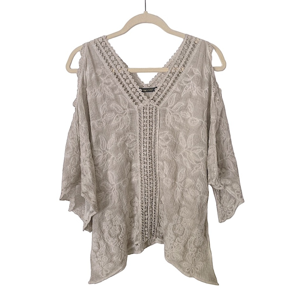 Spaggia Dolce‎ Tan Cream Cold Shoulder Lace Embroidered Top